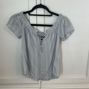 Kendall & Kylie Blue and White Off the Shoulder Top